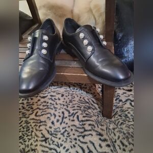 Women's Black Leather Dress Shoes with Pearl Accents